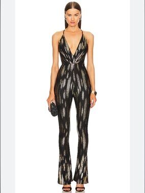 Michael Costello x REVOLVE Jayne Jumpsuit Black Gold Metallic XL